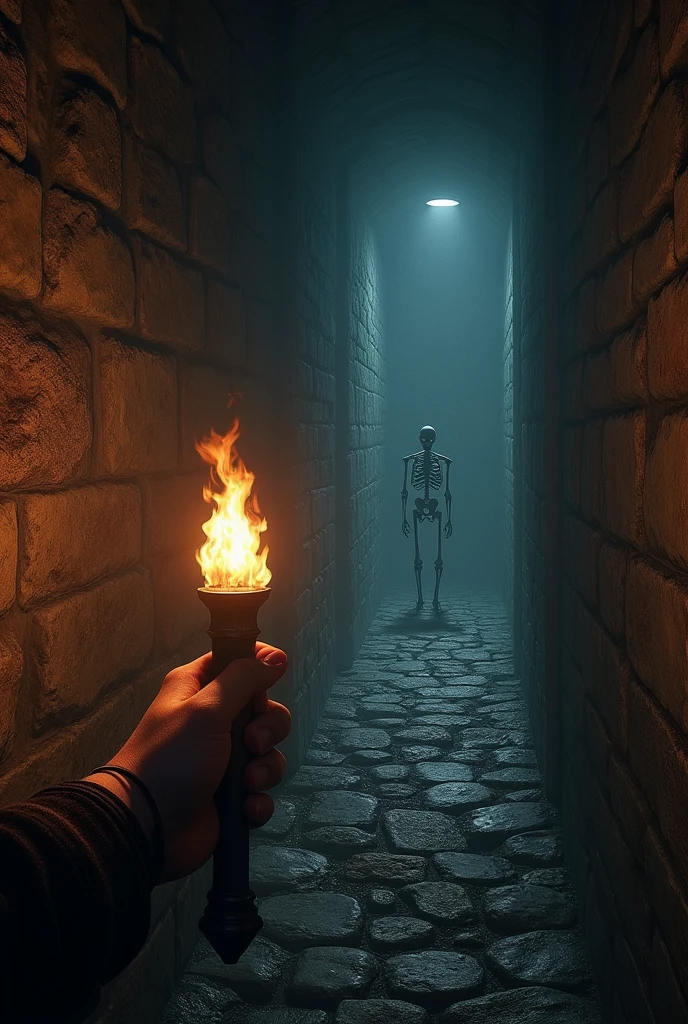 Draw a dark dungeon corridor, fancy, RPG, there is a hand as if it were the reader&#39;s hand holding a torch, as if it were a first person game where the player is exploring this dungeon, the corridor is very narrow and dangerous, in front of the player there is a skeleton, the only source of light is the torch