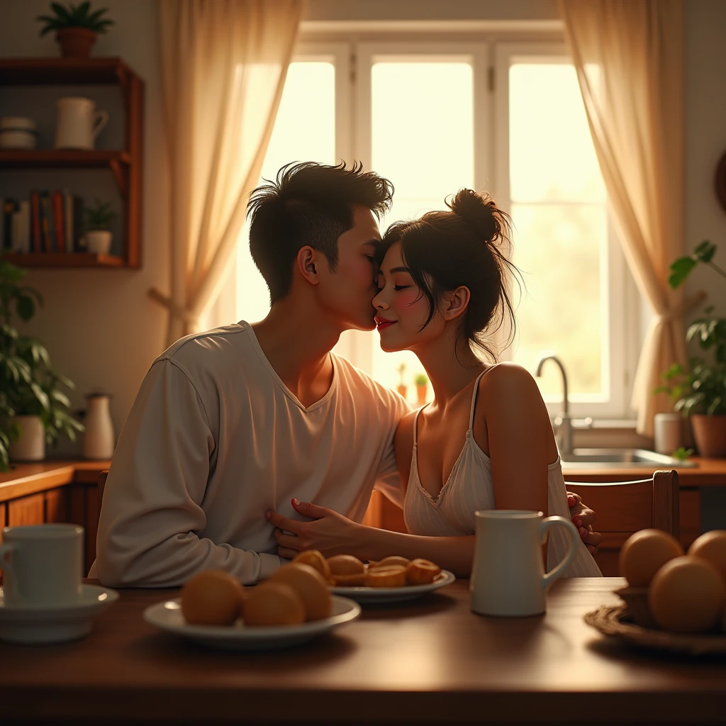 Indonesian couple. The man is a normal body wearing simple pajamas. With The woman is a little chubby and huge breasted, messy hair, wearing sleeveless knee-nght nightgown. Nice kitchen with morning light as a background detail. Sit on dining table with some breakfast and coffee. hugging each other. Look at the viewer, natural light, realistic photography, wide angle shot.