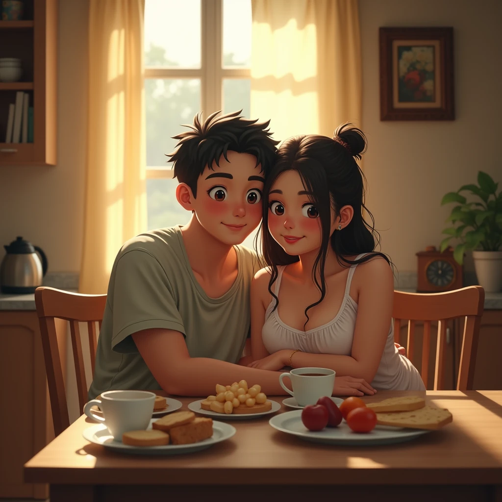 Indonesian couple. The man is a normal body wearing simple pajamas. With The woman is a little chubby and huge breasted, messy hair, wearing sleeveless knee-nght nightgown. Nice kitchen with morning light as a background detail. Sit on dining table with some breakfast and coffee. hugging each other. Look at the viewer, natural light, realistic photography, wide angle shot.