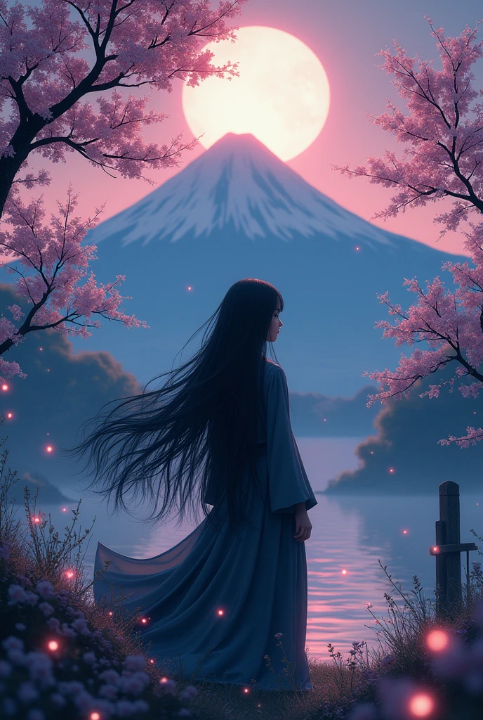 work of art, best qualityer, natta, moutain, fullmoon, long black hair, Woman, firefly, stele, mysterious cherry blossom, pink leaves, high qualiy, beautiful graphics, high détail