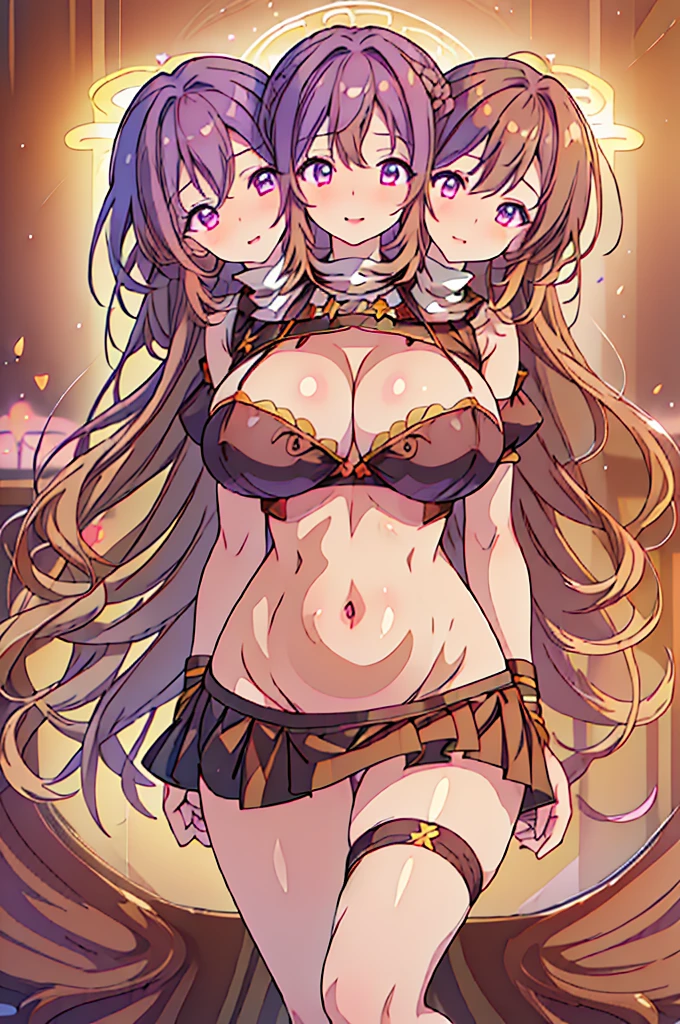 (masterpiece, best quality), best quality, (ultra-detailed), ((3heads:1.5)), 1girl, (byakuren hijiri:1.3), masterpiece, best quality, ultra quality, ultra resolution, ultra detail, black and white top, crop top, ((stomach)), midriff, ((groin)), black and white skirt, normal ears, shackles, light brown hair that fades to purple at the top, very long hair, wavy hair, sidelocks, hazel eyes, ((very detailed eyes:1.5)), parted lips, open belly, smiling, soft smile. very cute, toned belly, hand on own chest, eyelashes, (25 year old woman:1.3), (masterpiece:1.5), (best quality:1.5), (beautiful detailed), extremely detailed CG, extremely delicate and beautiful, depth of field, (finely detailed face), (perfect details:1.2), (mature female:1.3), wide pelvis, slender, large veiny breast, 16k resolution, highres, very high quality, very high definition, extremely detailed, masterpiece, light brown hair that fades to purple at the top hair, long hair, alluring presence, braid, short skirt, close up, very big breasts, huge breasts, young, nsfw, girl with three heads, three headed girl,
