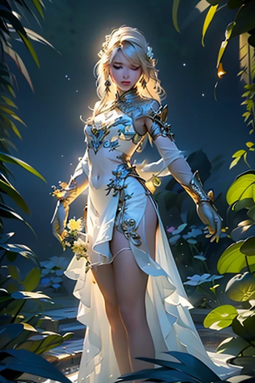 (Obra maestra:1.2), Mejor calidad, (illustration:1.2), (ultra detallado), hiper detalles, (delicado detallado), (detalles intrincados), (cinematic light, Mejor calidad Backlights), Delete line, solista, Cuerpo perfecto, (1 chica), At night time in a garden full of glittering flowers a girl with long white and golden hair wearing a bioluminescence astral dust long black thin, many layered transparent dress and glittering black glass heels dancing delicately between the flowers with the garden of bioluminescence flowers being the only source of light except the stars, (constituir), alto contraste, (mejor iluminacion, un extremadamente creado y hermoso), (cinematic light), vistoso,