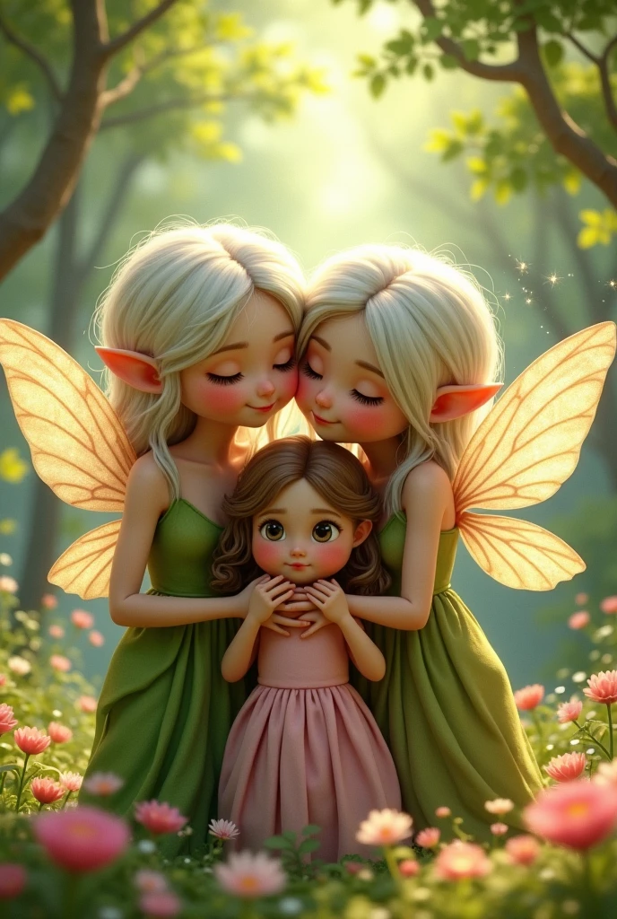 Two fairy grandparents with their fairy granddaughter in a pink dress and light brown hair 