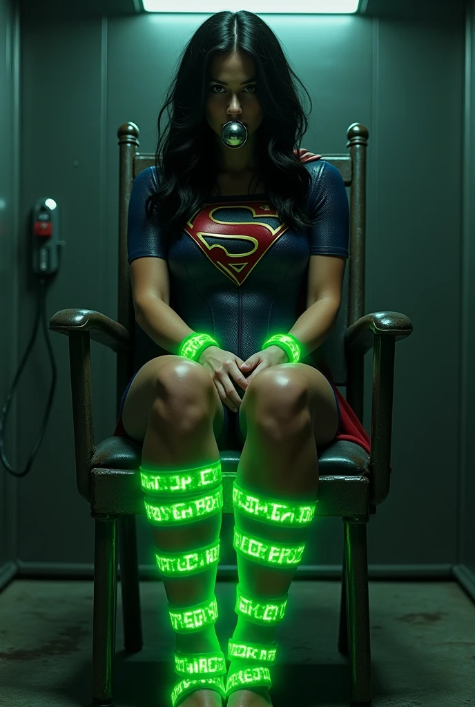 A PERIL BONDAGE SCENE WHERE A HOT SUPERGIRL WITH LONG BLACK HAIR WEARING HER ICONIC SUPERGIRL OUTFIT AND CAPE, HER HANDS, FEET AND WASTE TIED UP TO A METAL CHAIR WITH GLOWING GREEN KRYPTONITE ROPE, A BALL GAG SITS IN HER MOUTH, COMPLETELY HELPLESS IN A PITCH DARK ROOM. INCREDIBLE DETAILS, HYPER DETAILED IN 8K RESOLUTION