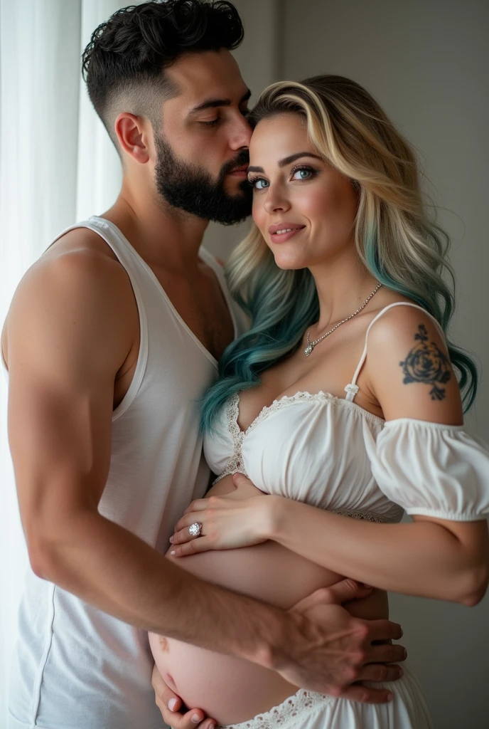 Beautiful woman, blue eyes, blonde with blue hair ends, wavy long hair, tattoos, a wedding ring kissing the cheek of a handsome male, short black beard, short black hair, tattoos, blue eyes, athletic build, wedding ring, holding her pregnant belly; maternity photo