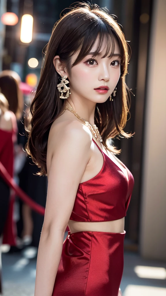 1 female, Beautiful Japanese actresses, Age 25, Double Eye,mile, Detailed face, Big earrings，Large Necklace, Flashy makeup using red eyeshadow，light brown delicate middle cut hair，The tips of the hair are wavy，Classy hairstyle，Fine grain,Slender actress, Small hips, Side Bust Barbosa),Butt crack, Bare waist, Bare back:1.3),Sexy silk embroidered mermaid dress:1.2), break long black hair, BREAK ceremony, Red carpet, Official Art，Highly detailed CG Unity 8k wallpaper, (masterpiece:1.0),(highest quality:1.0), photo shoot, 8k, Browsing Caution, High resolution, Kodak Portrait 400, Film Grain, Lens flare brilliance,Show Viewer