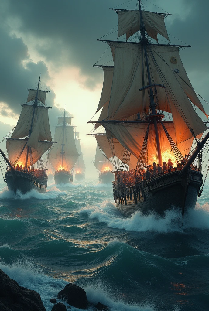 Pirate Ship Battle with their Skull and Crossbones Flags:1.3, A group of pirate ships engaged in a fierce battle, Pirates fighting with swords on the deck of the ships:1.5, Fire, Smoke, Dramatic Lighting, Stormy Seas, High Waves, Dramatic Sky, Cinematic Atmosphere, Detailed Textures, Photorealistic, 8k, (Best Quality, 4k, 8k, Hi-Res, Masterpiece:1.2), Ultra-Detailed, (Realistic, Photorealistic, Photorealistic:1.37), Dynamic Action, Intense Combat, Vivid Colors, Dramatic Shadows and Reflections