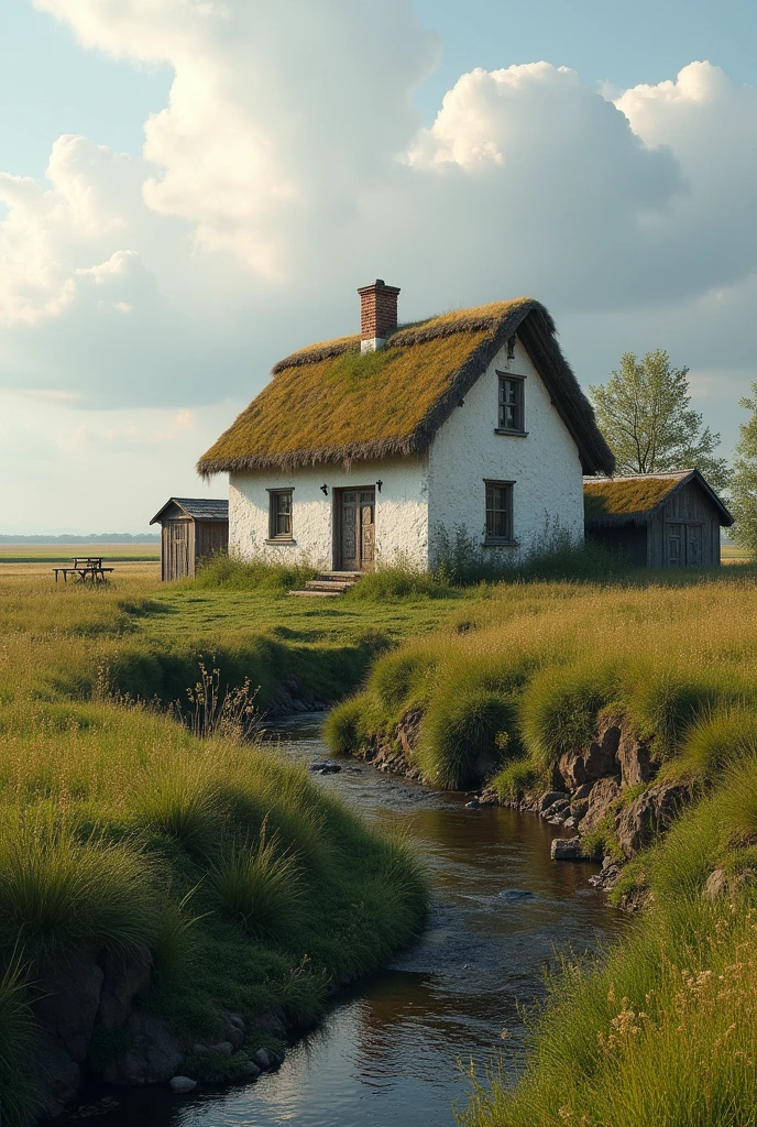Ukrainian old hut with white walls and thatched roof, stands on a small hill, there is a ravine near the hill, a river flows along the bottom of the ravine, behind the house there are 2 sheds, Kitchen Garden, USA, field