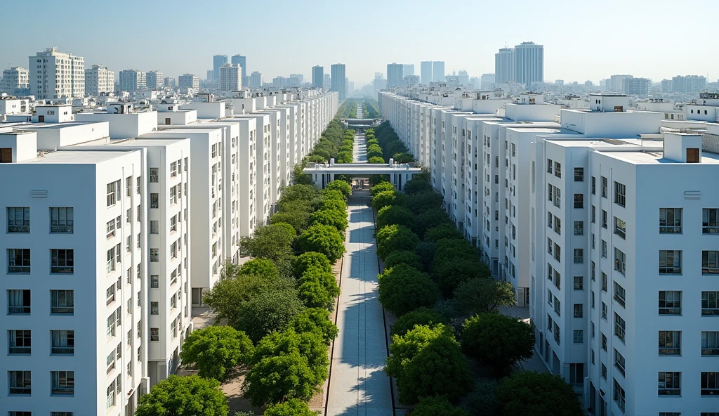 Description for the image:
vista:Aerial.
Location: Main avenue of the city of Mollendo.
buildings: Two rows of residential buildings, located on both sides of the avenue. There are 8 buildings on the left side and 8 on the right side..
Design of buildings: Each building has a unique and varied architectural design., whether residential, Office, Hotel, Bank. etc. all white.
Height: Each building is approximately 100 meters high and has around 28 floors..
Trees and path: Includes trees along the avenue and on the central path.