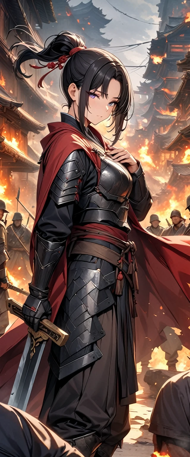 ((masterpiece, Highest quality, High resolution)), ((Highly detailed CG integrated 8K wallpaper)), Male swordsman in Chinese clothing, Heroes of the Three Kingdoms, (He has a big sword in both hands), She has long black hair tied back, Wearing iron armor and a red cloak, He is surrounded by enemy soldiers with a burning city in the background.,