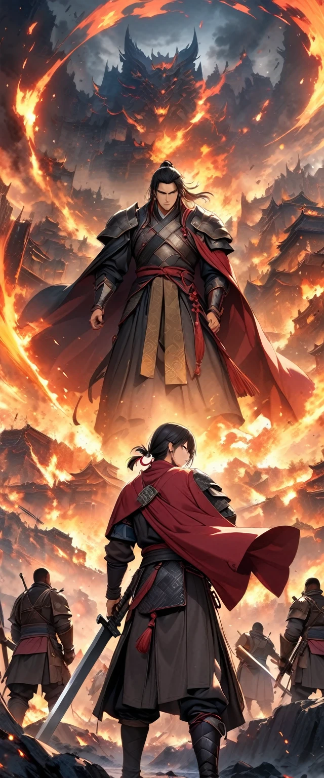 ((masterpiece, Highest quality, High resolution)), ((Highly detailed CG integrated 8K wallpaper)), Male swordsman in Chinese clothing, Heroes of the Three Kingdoms, (He has a big sword in both hands), She has long black hair tied back, Wearing iron armor and a red cloak, He is surrounded by enemy soldiers with a burning city in the background.,