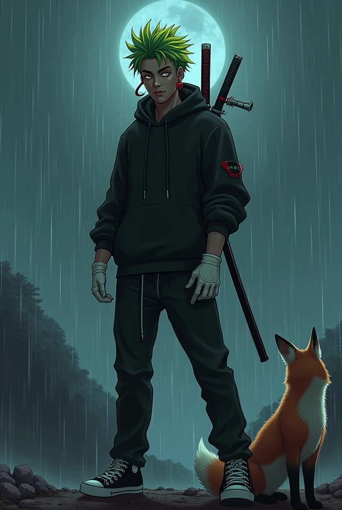 Man with green hair and yellow tips and red eyes with 2 katanas, with a black hoodie and soft black pants with white gloves, dark skin tone, but of course, with a psychopathic look, with black and white tennis shoes and 2 small knives, with a fox, with red earrings, animated style, standing posture, on a mountain at night raining