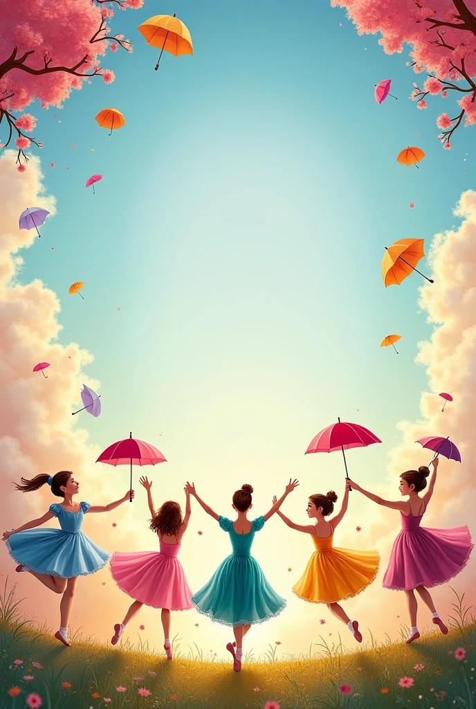 Create a colorful and cheerful invitation for a Mary Poppins themed ballet performance. Include elements such as umbrellas, children, ballet slippers and clouds. Leave a blank space to write the date, Time and place.