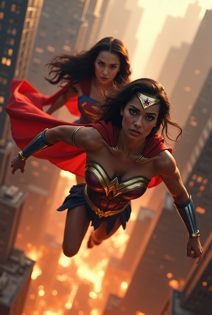 A beautiful black-skinned woman under the mantle of the Amazon warrior Wonder Woman alongside the Kryptonian Kara Zor-El aka Supergirl together flown through the apocalyptic city skyscrapers on fire 
