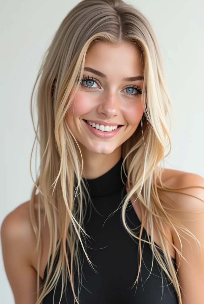 Belle fille de 20 ans, realistic, long hair, blond clair, blue eye, souriante, dent blanche, smooth hair, très realistic, cheveux très très plat, robe noir, chaussettes grises, sur fond png, mega realiste