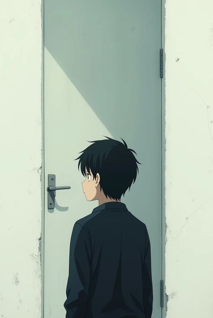 The image is in the style of a Ghibli studio anime., although somewhat gloomy and adult, A 20-year-old young man appears in it. He is standing in front of a white wall, you see him from behind, He has medium-long hair and black eyes.. He appears serious. He is wearing a black sweater.