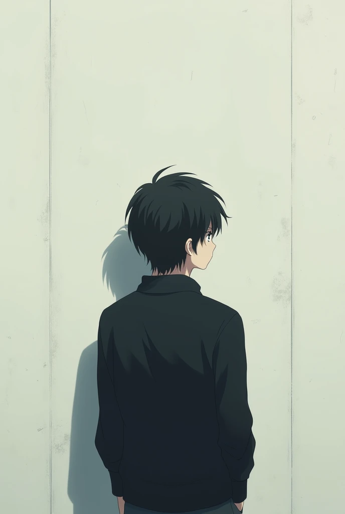 The image is in the style of a Ghibli studio anime., although somewhat gloomy and adult, A 20-year-old young man appears in it. He is standing in front of a white wall, you see him from behind, He has medium-long hair and black eyes.. He appears serious. He is wearing a black sweater.