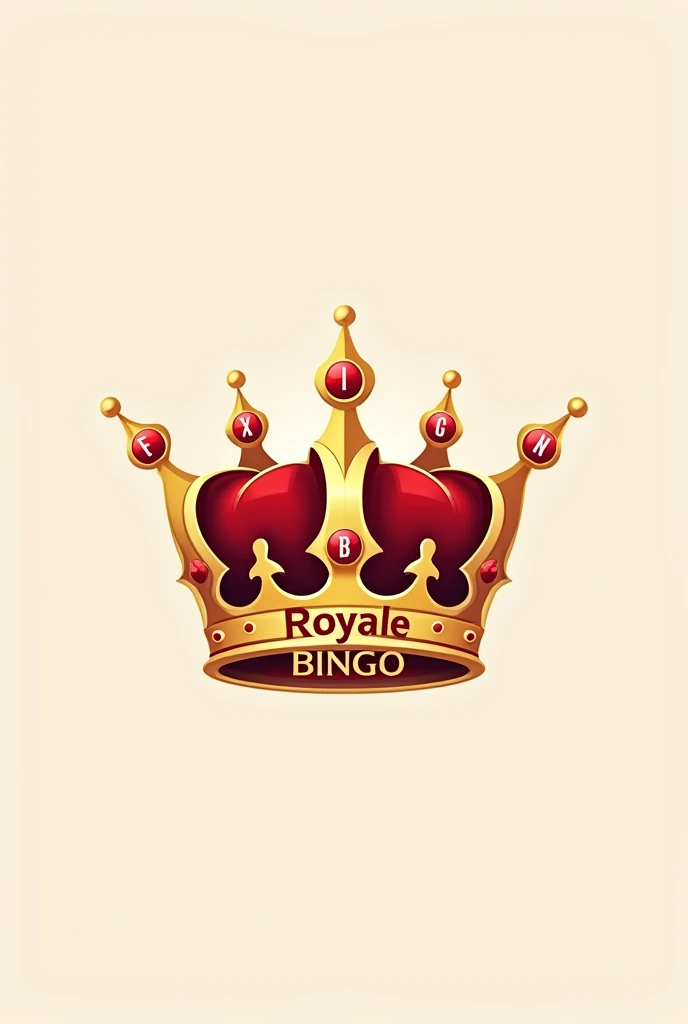 Generate me a logo that says Royale in the center of this crown, and at each tip of the crown say bingo letter by letter, 1 in each circle, that in the center there is nothing, not even a cross or anything, May the crown be red and gold, that has points on the crown, 5 in total that says bingo but the first circle has the letter B, the second the I, the third N, the fourth G, the fifth O and the circles that are so small