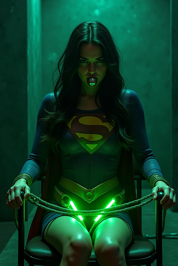 A PERIL BONDAGE SCENE WHERE A HOT SUPERGIRL WITH LONG BLACK HAIR WEARING HER ICONIC SUPERGIRL OUTFIT AND CAPE, HER HANDS, FEET AND WASTE TIED UP TO A METAL CHAIR WITH GLOWING GREEN KRYPTONITE ROPE, A BALL GAG SITS IN HER MOUTH, COMPLETELY HELPLESS IN A PITCH DARK ROOM. INCREDIBLE DETAILS, HYPER DETAILED IN 8K RESOLUTION