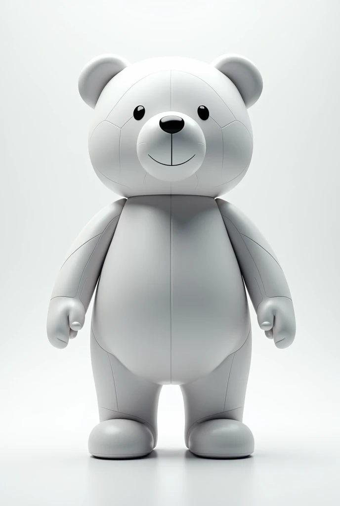 A giant teddy bear, with minimalist and modern design, in shades of light gray and white. Smooth, elegant geometric lines define your body, with black details that highlight your eyes and mouth. He is standing, with a confident and friendly posture, conveying the idea of innovation and quality. clean style, with white background and soft lighting.