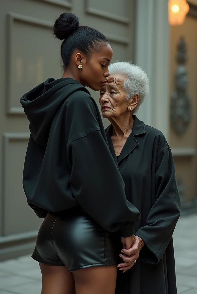 black woman hair in a bun black hoodie   black leather short shorts   a old grandma in a dress on her knees kissing her ass behind her


       