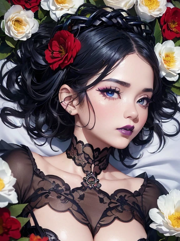 (1 girl 1.3) (extremely detailed 1.3) (anatomically correct, High precision, realistic skin, realistic Fingers, ) (RAW photo, Super detailed, advanced details, intricate details,), (Lighting: Face lighting, Ray tracing, reflective light, Structurally correct) ((full body Esbian Angle from directly above:1.1)), ((Beds made of flowers:1.3))、((there are black and red flowers around her))、((Lying on her back on countless flowers:1.3)),(Subject: beautiful Asian woman with White hair in curls and coils) (wearing a White corset, white panties, neck wrists and fingers, ((beautiful big blue eyes looking up at the viewer, black shiny lipstick, perfect Asian goth cyber makeup))