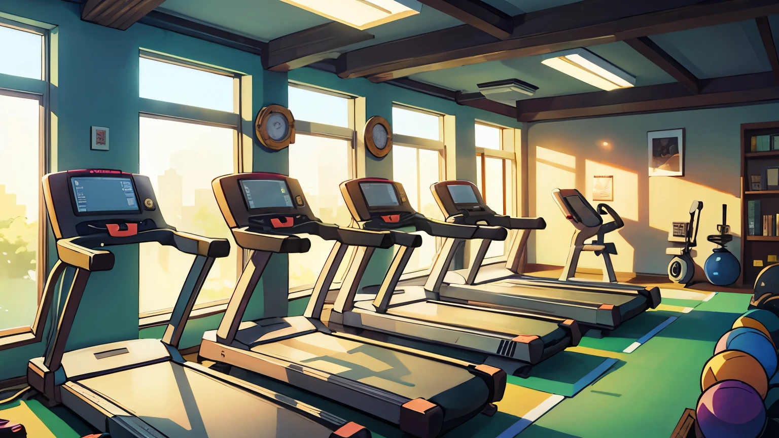 Cartoon Style，background a gym, hedonic treadmill, healthy, Plenty of light, Natural soft lighting,