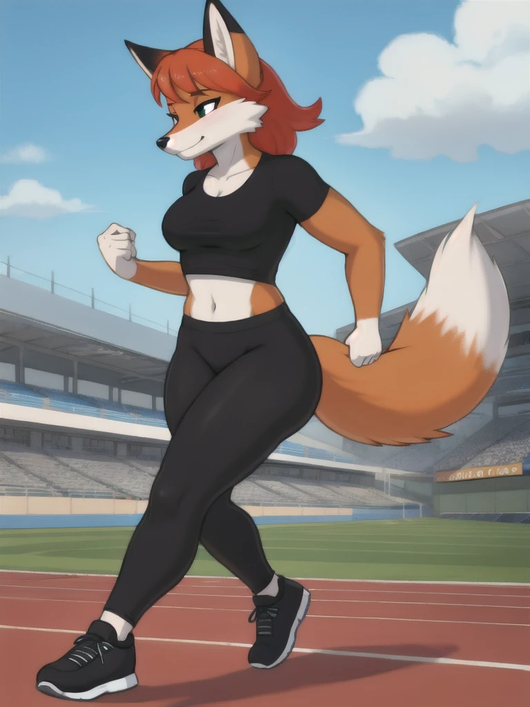 Furry, fox, female, black shirt, black leggings, shoes, running track, friends, full body