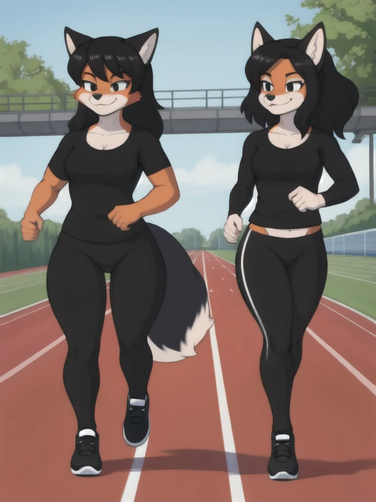Furry, fox, female, black shirt, black leggings, shoes, running track, friends, full body