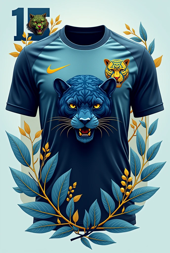 Dark blue football shirt Light blue leaf details A jaguar with gold details on the front In the upper right part a number 15 in white In the upper left part head of a small panther in green and yellow 