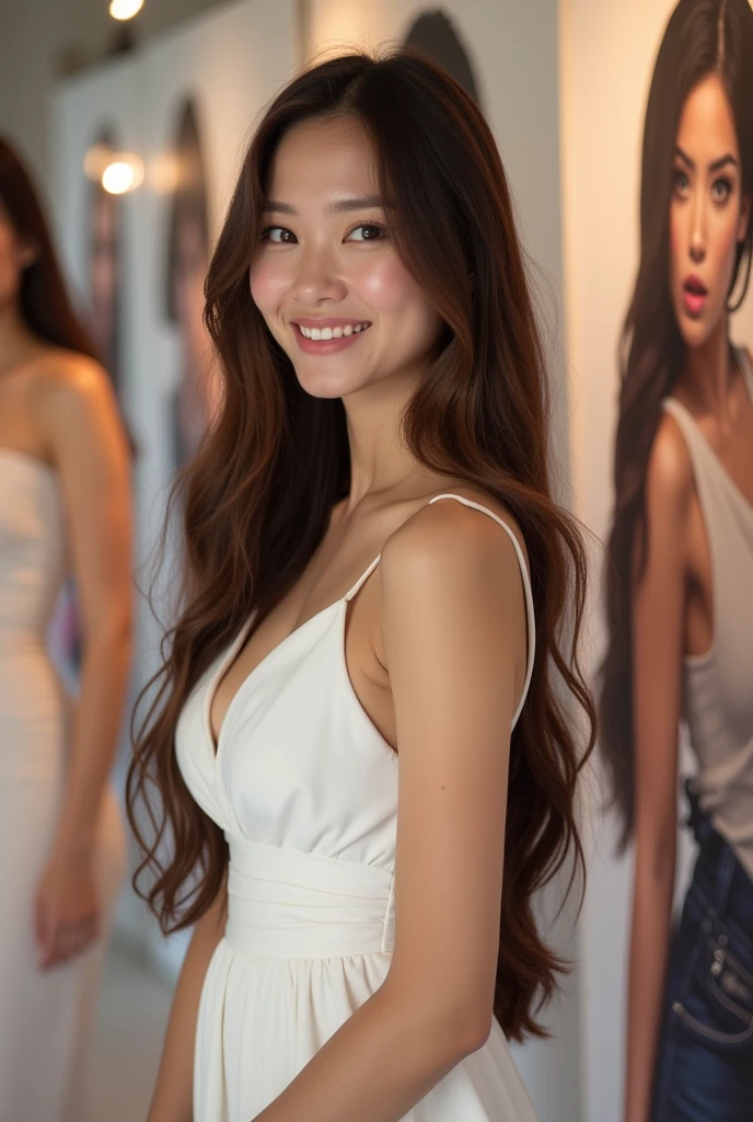 high quality, 8k, Ultra detailed, hdr, human only,
highest quality, masterpiece, High resolution,
Photoreal, RAW photo, 8k wallpaper, perfection,
professional lighting, very detailed, Depth of the bounds written,
A beautiful young Thai woman with long brown hair, orgasm, huge smile
portrait soft low light, gorgeous face portrait, very pretty face, large eyes
wearing an elegant white dress and subtle makeup,
stands in front of photos on the wall at Fashion Week.
She is smiling for the camera. She has big eyes and full lips,
and her skin looks very fair and flawless.
She poses next to magazine cutouts of female models, who are also posing