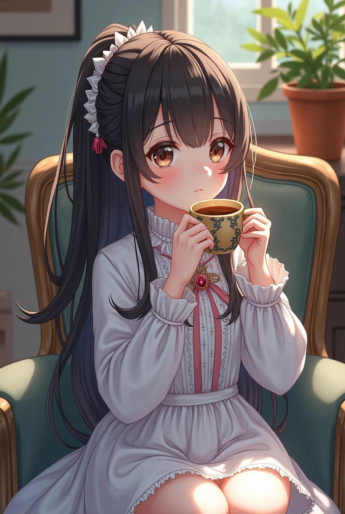 anime girl sitting on chair with coffee cup in hand, alchemist girl, light novel cover art, official art, epic light novel art cover, official artwork, epic light novel cover art, , isekai, small curve , kushat krenz, kushat kurenz key art feminine, Shadowverse style, moe dwarf,
