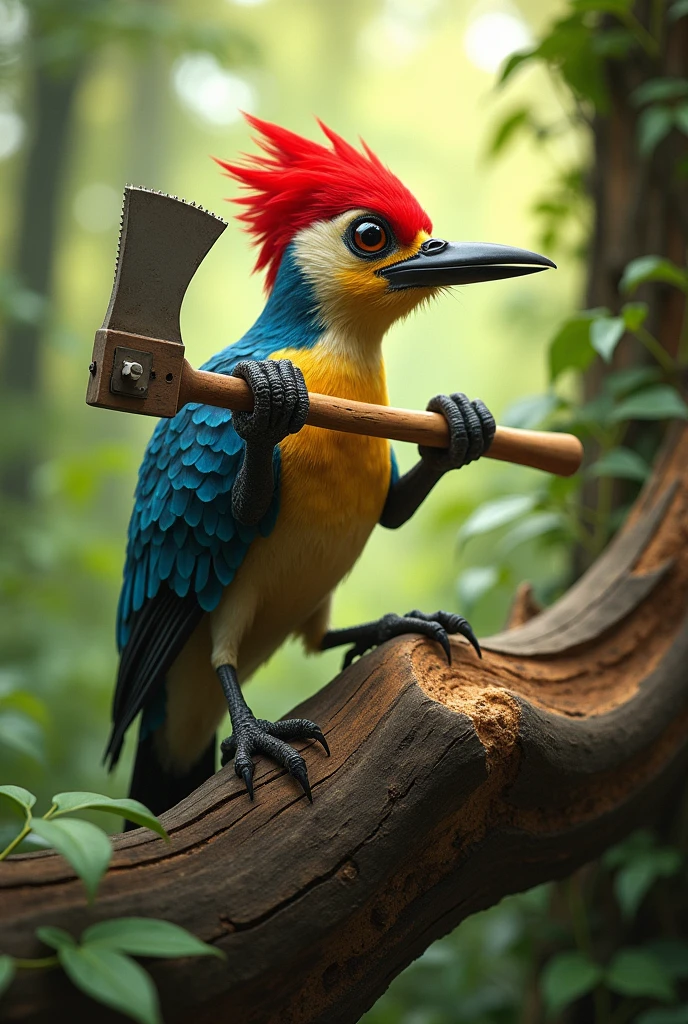 wood woodpecker holding a hatchet and a saw
