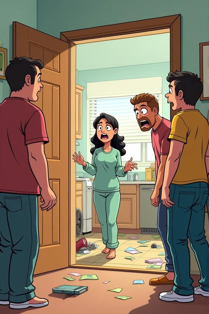 A man brings his friend to his house where his wife in pajamas shouting at him and the house is bit mess funny cartoon