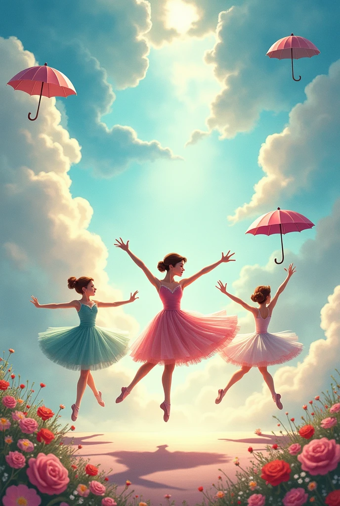 Create a Mary Poppins themed ballet performance invitation. Include elements such as umbrellas, children, ballet slippers and clouds. Leave a blank space to write the date, Time and place. 