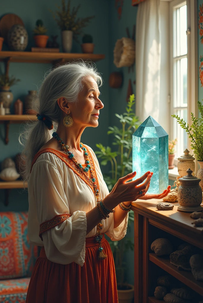 67 year old bohemian and hippie woman appreciating her quartz on a shelf in her living room
