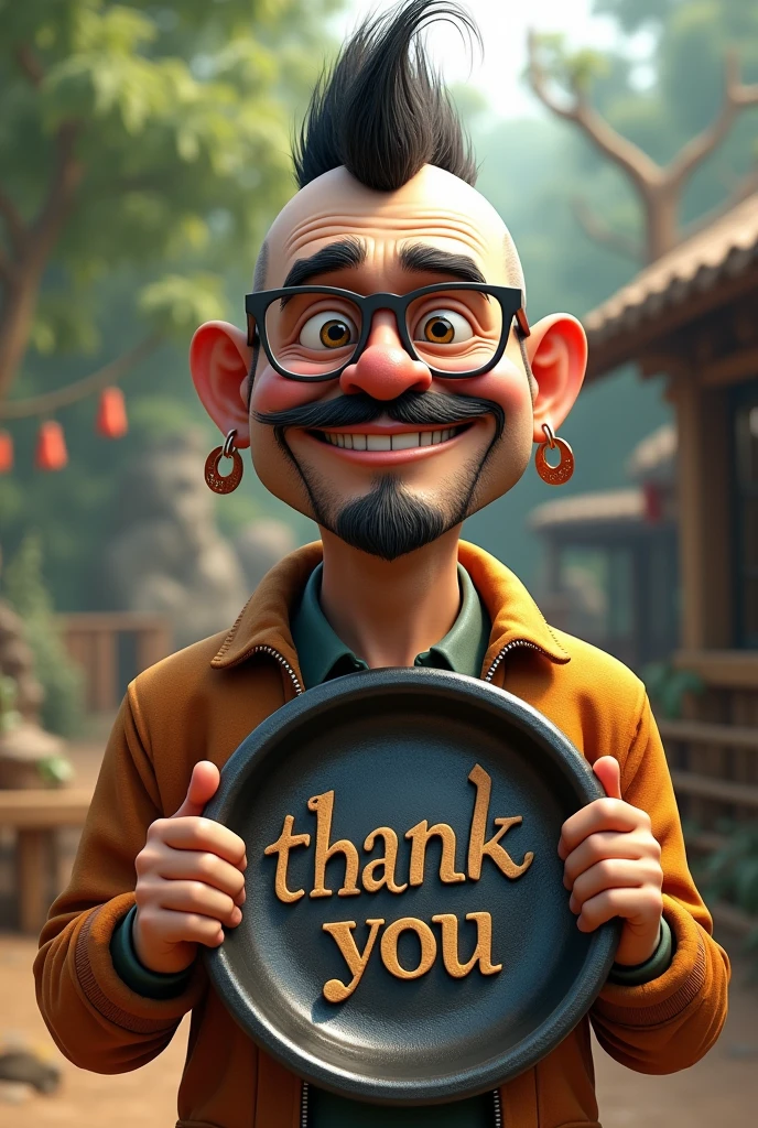 (photorealism:1.2) middle aged man, funny face, thin mustache, thin beard, big glasses, mohawk hair, big earrings, smoking, holding an iron plate with the words "Thank You", zoo background.