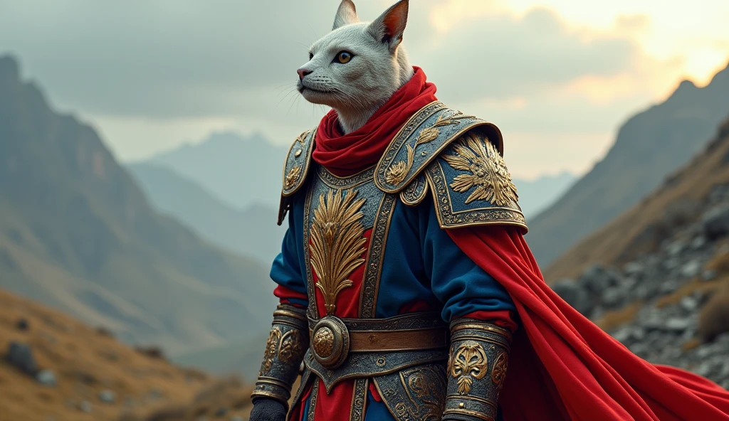 Serbia as a balcanic warrior League of Legend creature in red, blue, white and golden colors. Intricated clothing. Cinematic Fantasy sci-fi landscape background