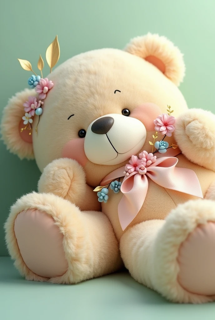 A giant teddy bear, with soft fur in shades of beige and cream, silk flower details in shades of pink and light blue, and gold leaves in their ears. He's lying on his side, with a calm and serene look, conveying the idea of peace and well-being. romantic style, with light green background and natural lighting.