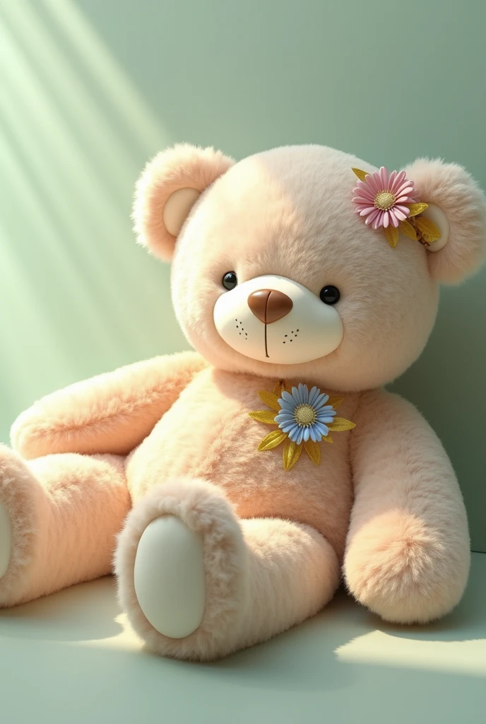 A giant teddy bear, with soft fur in shades of beige and cream, silk flower details in shades of pink and light blue, and gold leaves in their ears. He's lying on his side, with a calm and serene look, conveying the idea of peace and well-being. romantic style, with light green background and natural lighting.