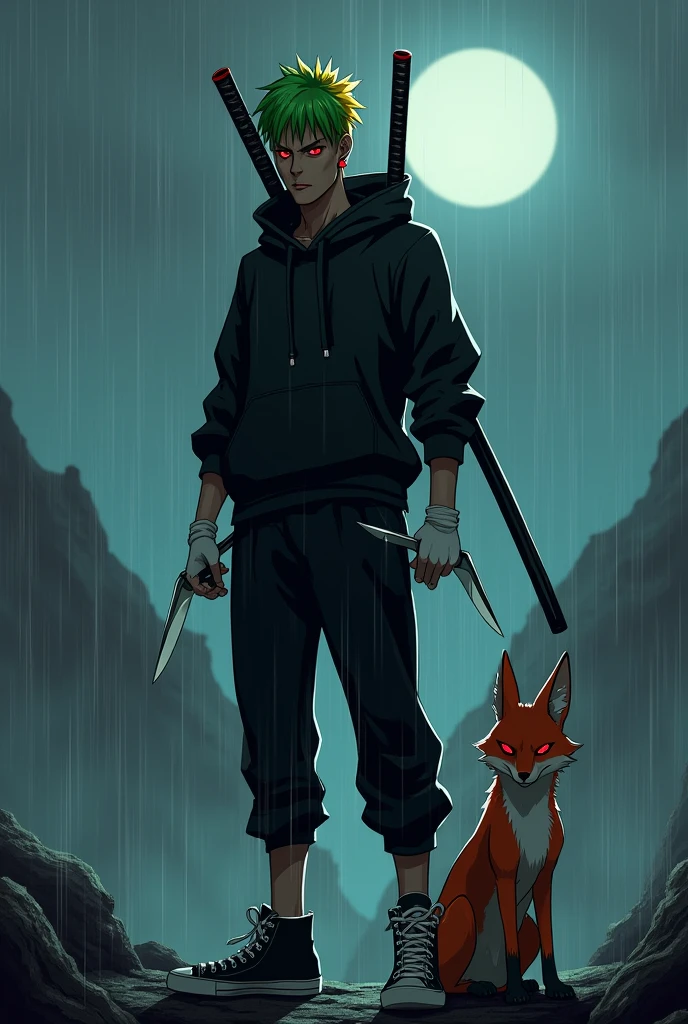 Man with green hair and yellow tips and red eyes with 2 katanas, with a black hoodie and soft black pants with white gloves, dark skin tone, but of course, with a psychopathic look, with black and white tennis shoes and 2 small knives, with a fox, with red earrings, animated style, standing posture, on a mountain at night raining