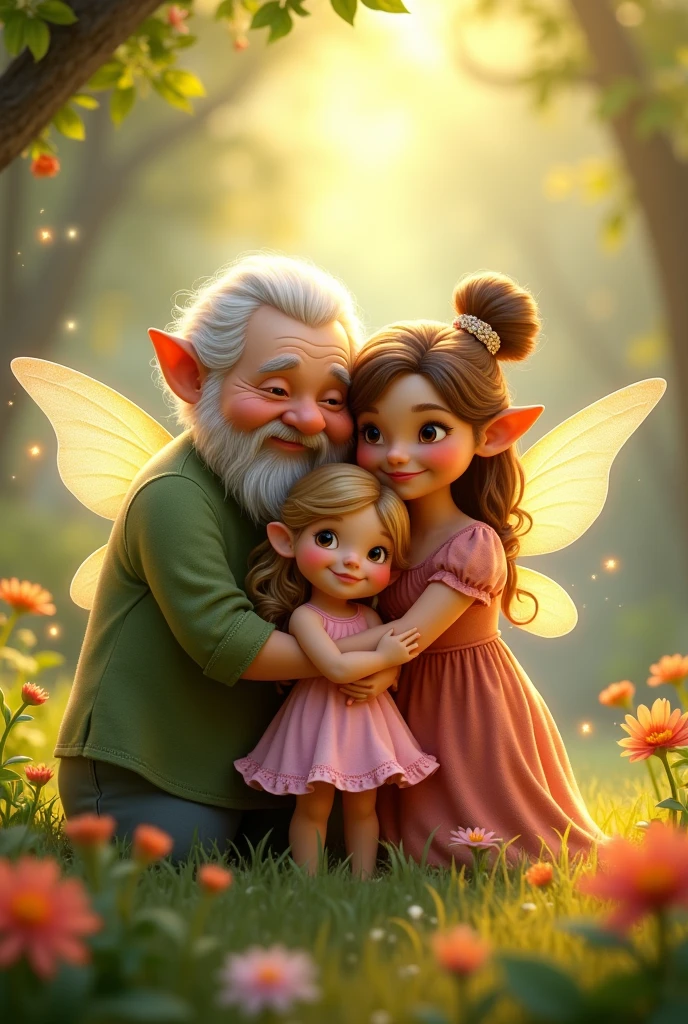 A fairy grandmother and a fairy grandfather with their fairy granddaughter in a pink dress and light brown Disney-style hair