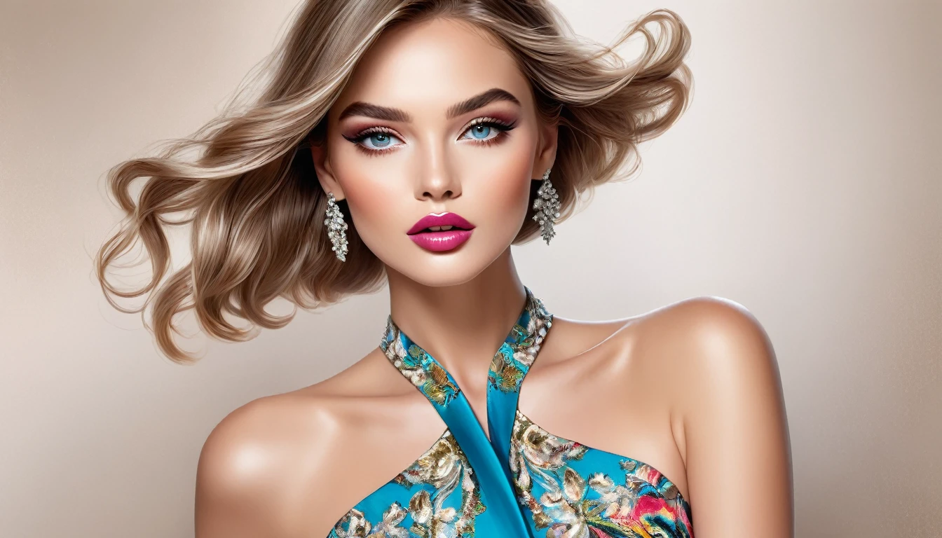 best quality,high resolution,Fashion Illustration,Elegant Model,Beautiful and delicate eyes,Detailed lips and face,Stylish glamour,Track laying,bright colors,Elegant dress,Gorgeous accessories,Professional studio lighting,Ultrafine coating,Realistic textures,Art tour