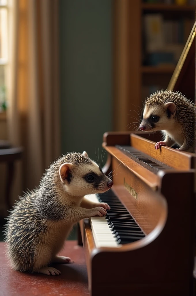 Ferret and hedgehog playing the piano