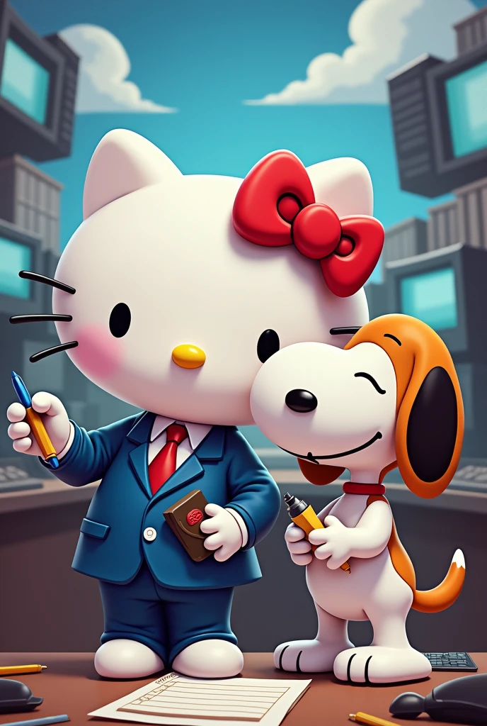 Generate an image that contains hello kitty and snoopy, both as a couple of trained journalists.