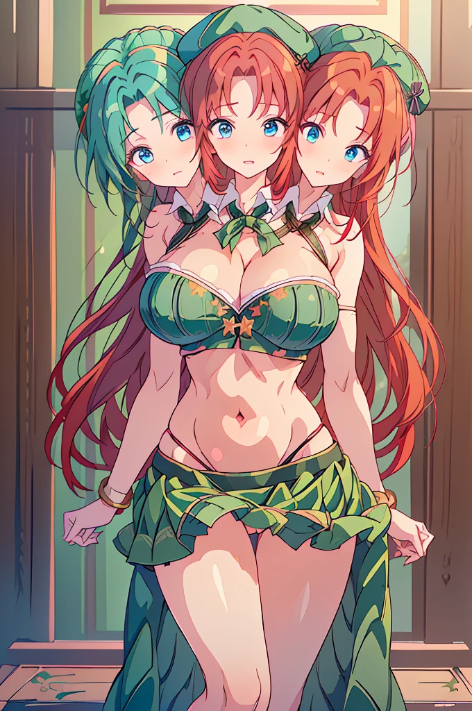 (masterpiece, best quality),best quality, (ultra-detailed), (3heads:1.5), 1girl, (ultra-detailed), (3heads:1.5), 1girl, (hong meiling:1.3), masterpiece, (best quality:1.5, highres, UHD), highres, absurdo, ultra detail, ultra quality, Ultra resolution, green top, crop top, ((stomach)), midriff, ((groin)), green skirt, miniskirt, normal ears, shackles, (red hair), (redhead:1.5), very long hair, wavy hair, sidelocks, blue eyes, (very detailed eyes,:1.5), parted lips, midriff, smilng, soft smile, grin, cute, toned belly, hand on own chest, eyelashes, (24 year old woman:1.3), (masterpiece:1.5), (best quality:1.5), (beautiful detailed), extremely detailed CG, extremely delicate and beautiful, depth of field, (finely detailed face), (perfect details:1.3), (mature female:1.3), wide pelvis, slender, large veiny breast, 16k resolution, high quality, high definition, extremely detailed, masterpiece, (red hair), long hair, (same hair color), alluring presence, twin braid, short skirt, close up, very big breasts, huge breasts, young, striped, (wearing a green beret:1.5), hair ornament, chinese clothes, star hat ornament, open belly, nsfw, girl with three heads, three headed girl,
