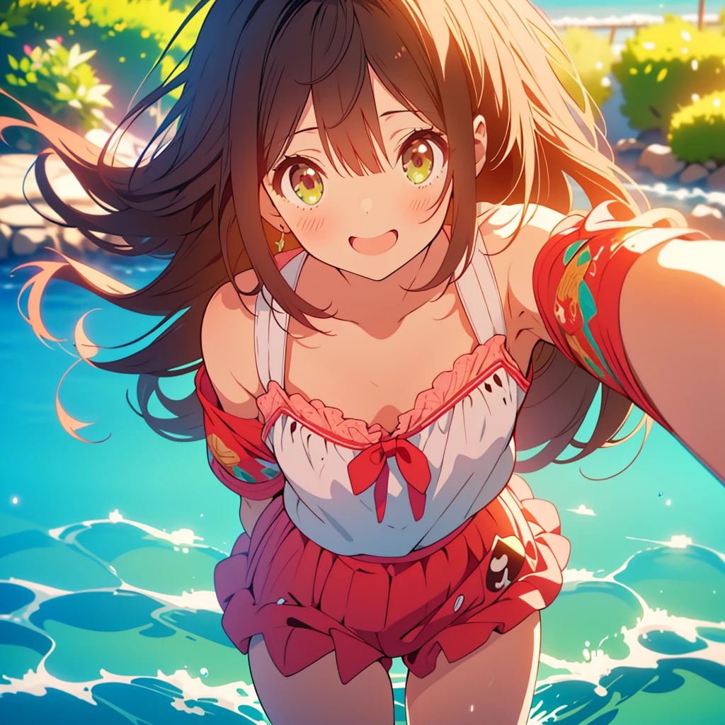 kawaii, anime, Cute, hyper quality, highly detailed, 8k, Clarity, Draw facial expressions in detail, Girl with long dark brown hair and green eyes, swimsuit, whole body, Dynamic feeling, A young girl with short light pink hair and scarlet eyes., play together, smile, water play, highlight on eyes,