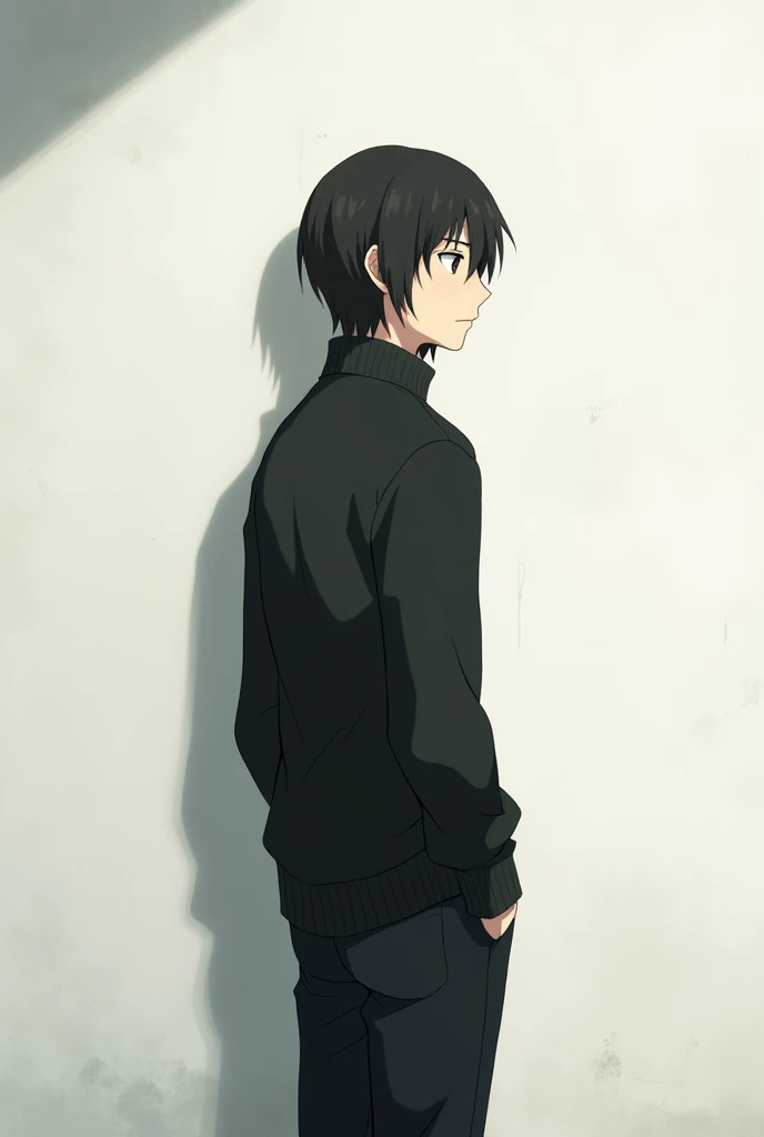 The image is in the style of a Ghibli studio anime., although somewhat gloomy and adult, A 20-year-old young man appears in it. He is standing in front of a white wall, you see him from behind, He has medium-long hair and black eyes.. He appears serious. He is wearing a black sweater and black pants too..