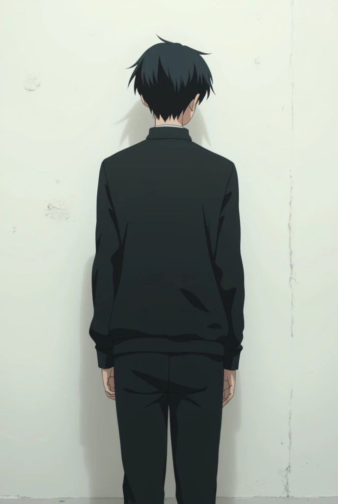 The image is in the style of a Ghibli studio anime., although somewhat gloomy and adult, A 20-year-old young man appears in it. He is standing in front of a white wall, you see him from behind, He has medium-long hair and black eyes.. He appears serious. He is wearing a black sweater and black pants too..