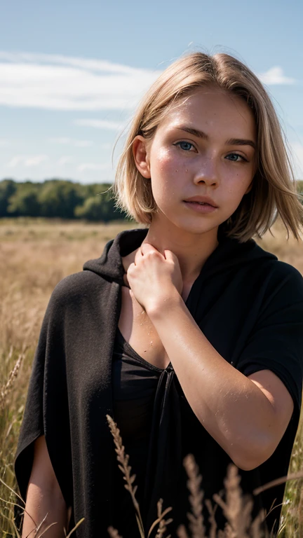 (realistic),18 yo blonde teen girl . Full lips. Eyes wide. Very short hair, well-trained body, (( sweaty skin)), short hair, blowing hair, black cloak, grass background
